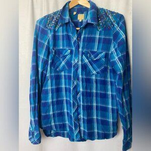 Guess Vibrant Blue plaid  Shirt with spikes sz L